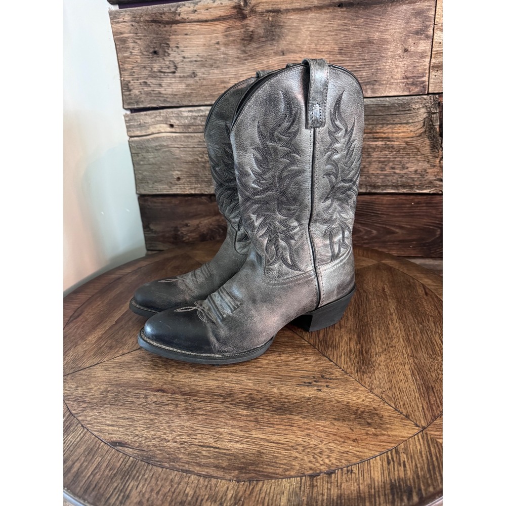 Laredo 68457 Mens 9.5 D Distressed Silver Black Leather Cowboy Western Boots